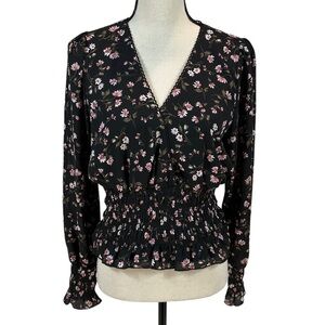 Wayf Long Sleeve V Neck Smocked Blouse - Black - size Medium